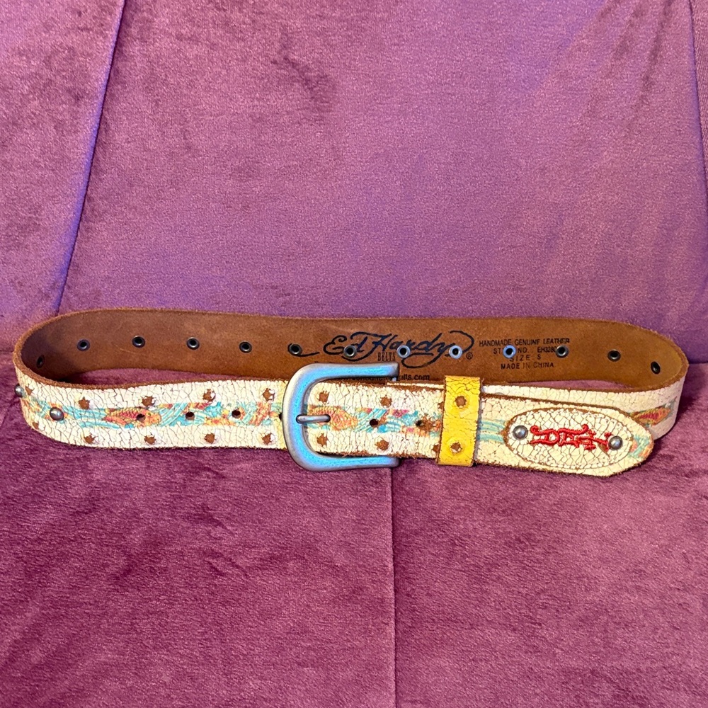 Ed Hardy Cream and Brown Leather Belt with Coy Fish Accents